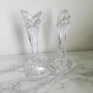 Set Of Two (2) MIKASA Crystal Taper CANDLE HOLDERS 5.5" ART DECO STYLE VTG. 90's